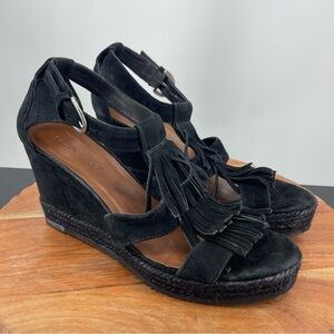 KAYA Bernardo Black Suede Tassel Fringe Wedge Espadrille Sandal Sz 8.5
